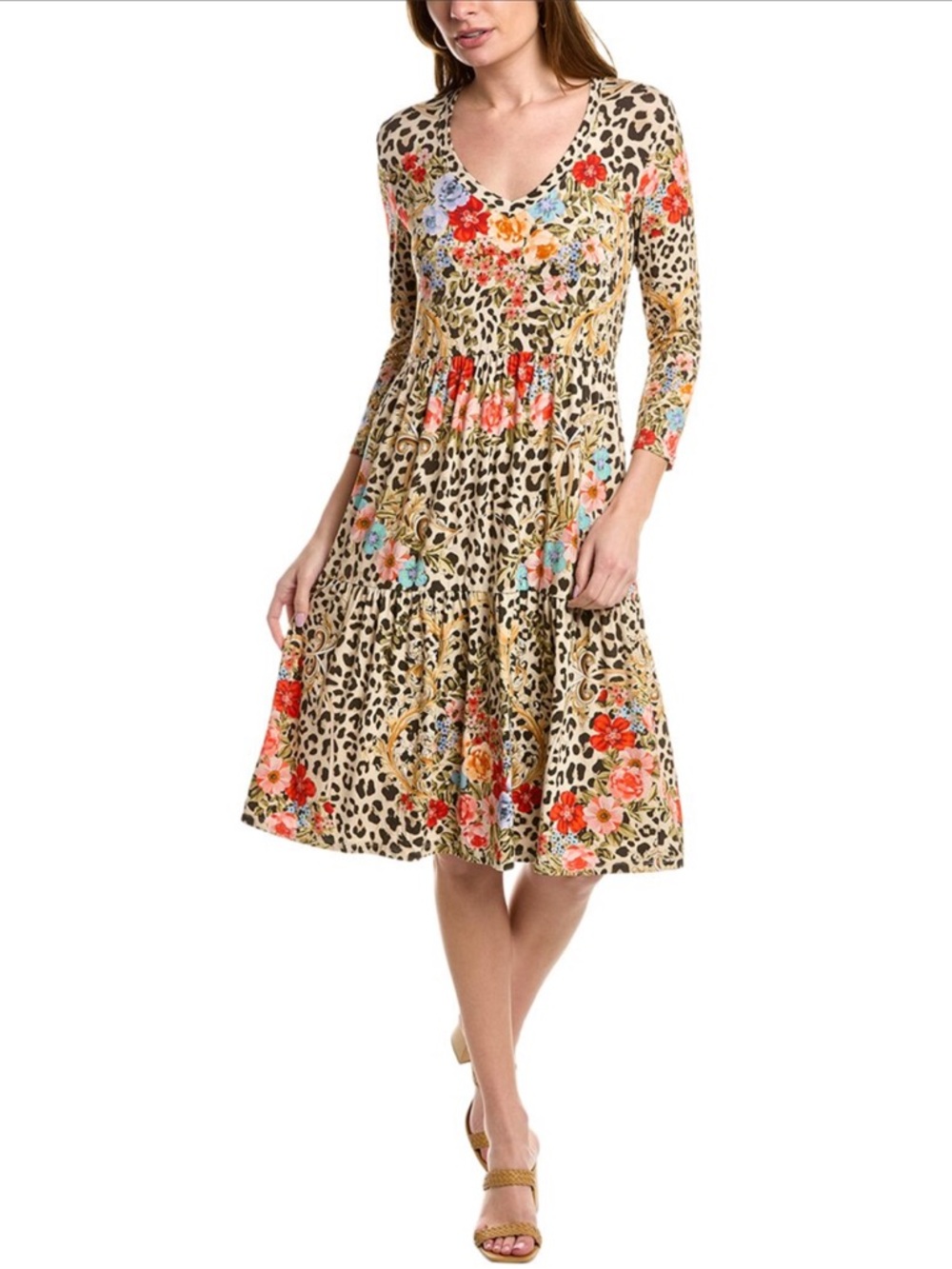 Johnny Was Floral Cheetah Print Midi Dress XS